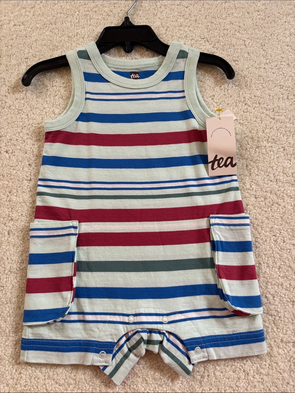 Tea Striped Sleeveles 100%Cotton Baby Romper in Light Green, Royal Blue & Maroon